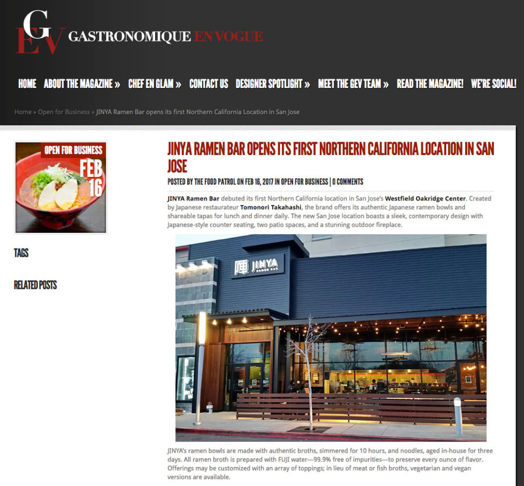 Gastronomique En Vogue: JINYA Ramen Bar Opens Its First Northern California Location In San Jose