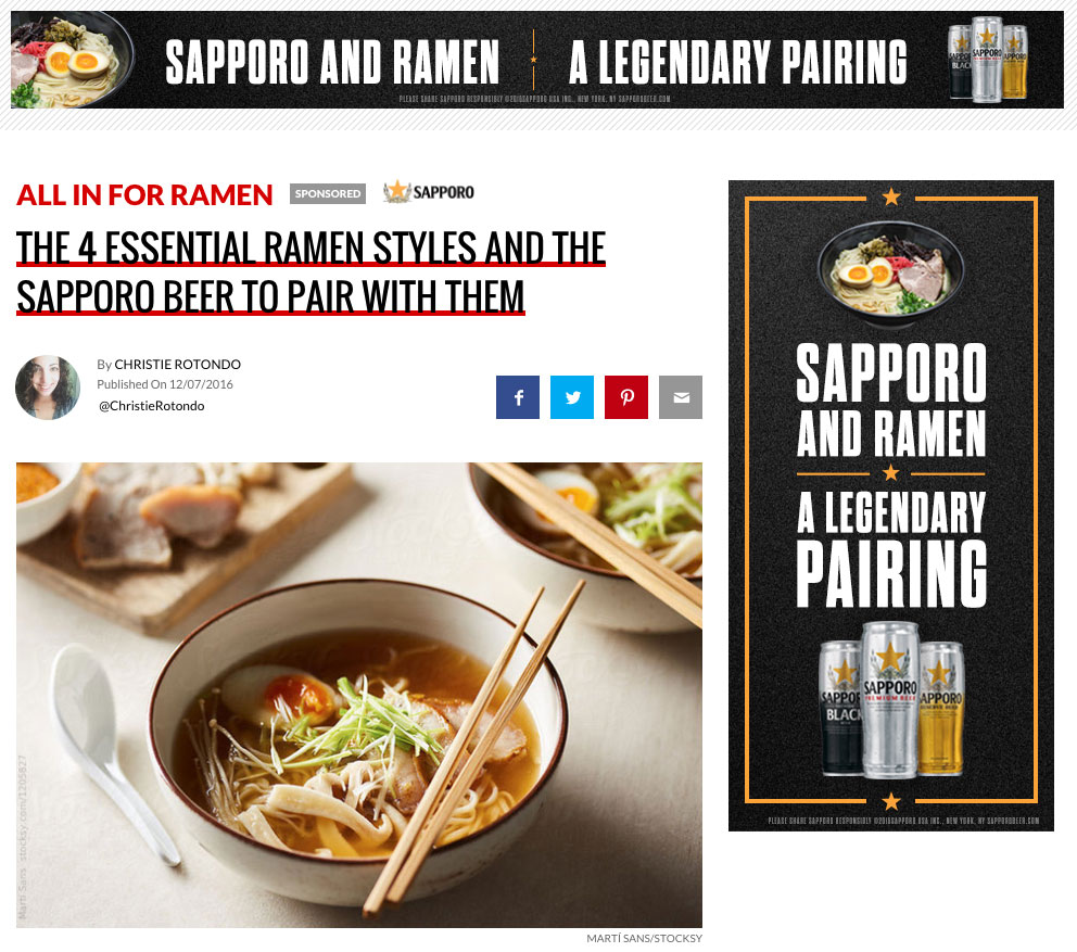 Thrillist: The 4 Essential Ramen Styles And The Sapporo Beer To Pair With Them